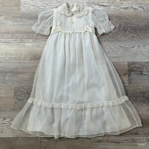 Vintage Ainsworth Ivory Organza Lace Maxi Flower Girl Dress Puff Sleeve